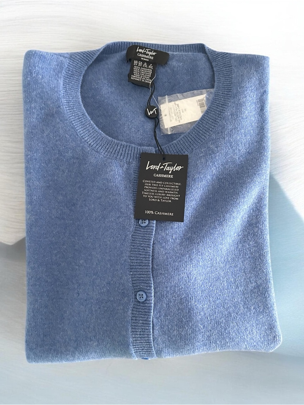 100% Cashmere Lord & Taylor Soft Blue Button-Up Crewneck Cardigan
